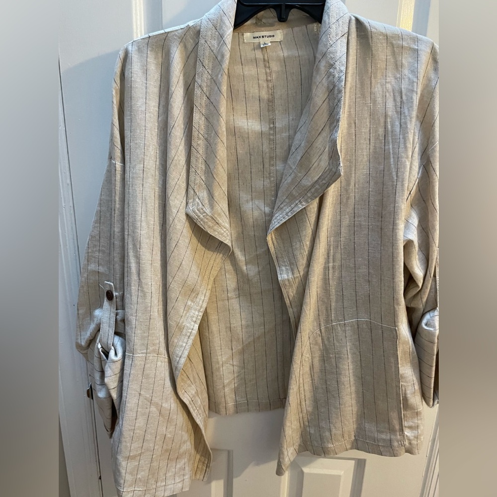 Max Studio Natural tan linen and Black pin Striped open Cardigan